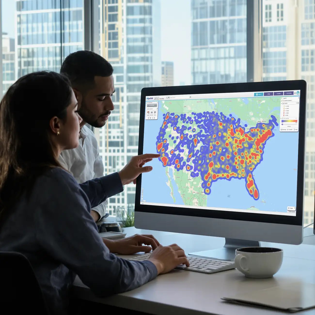 2 people reviewing hotspot heat map on desktop computer
