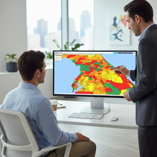 2 people reviewing a regional heat map
