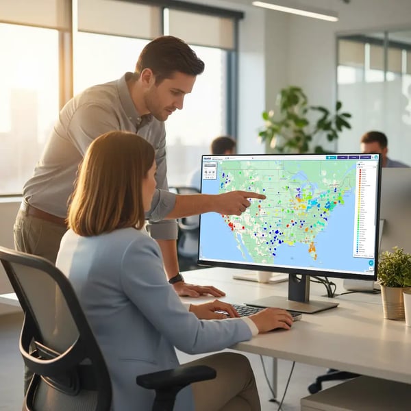 2 people reviewing a pin map on a desktop computer screen