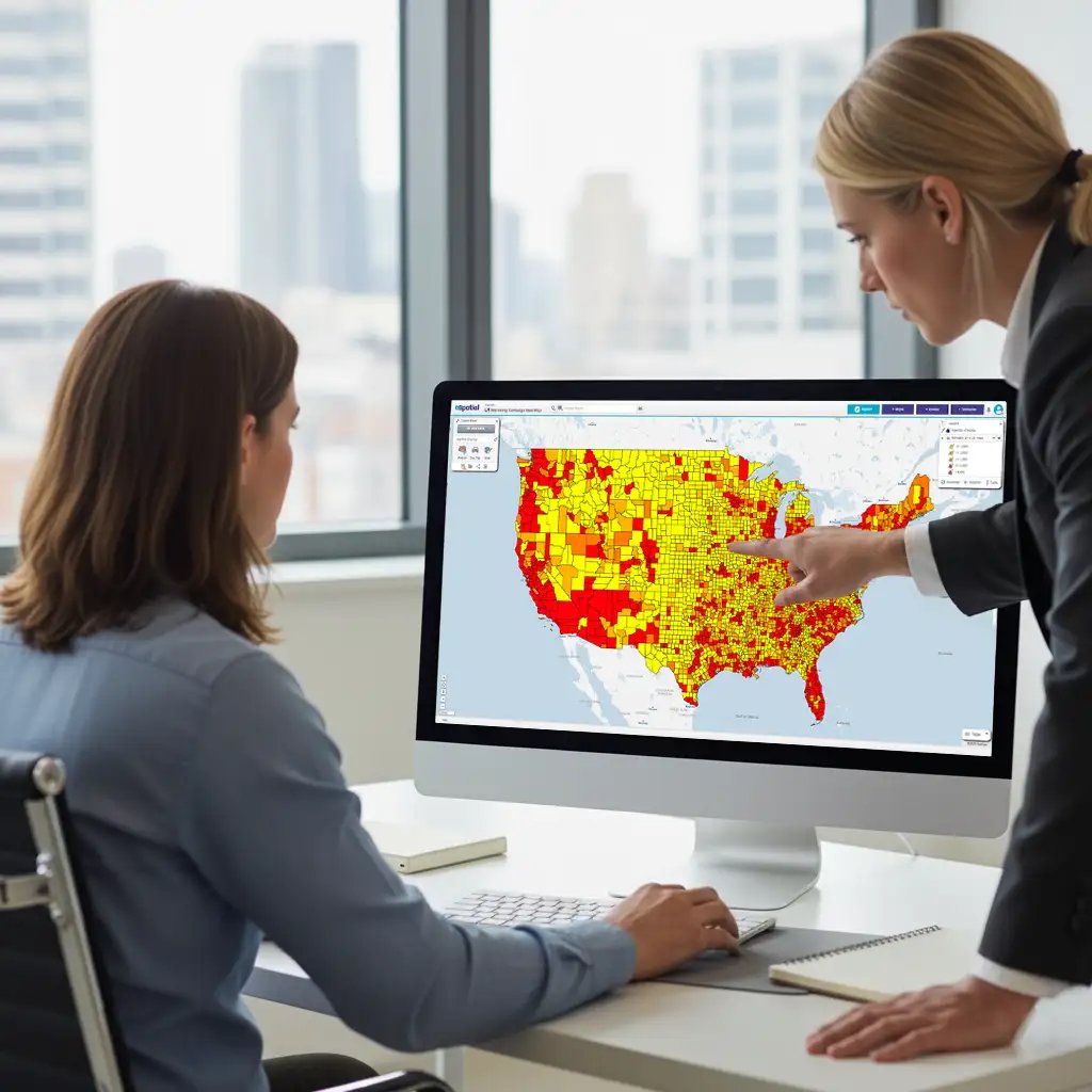 2 people reviewing a regional heatmap on a desktop screen