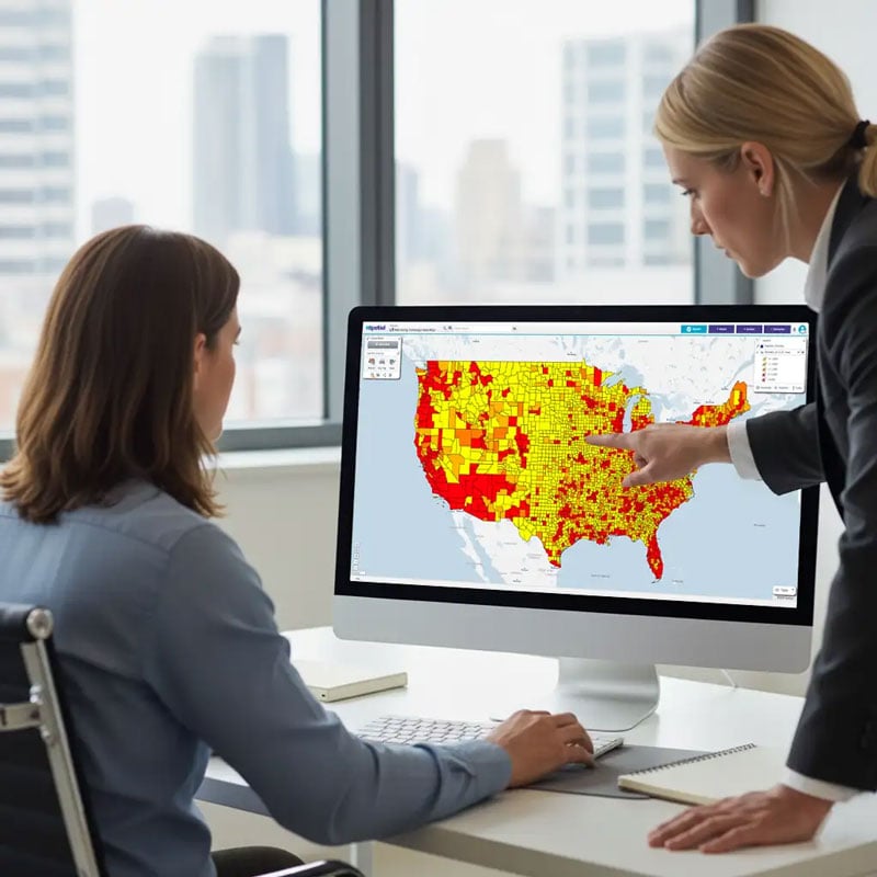 2 people reviewing regional heat map on desktop device