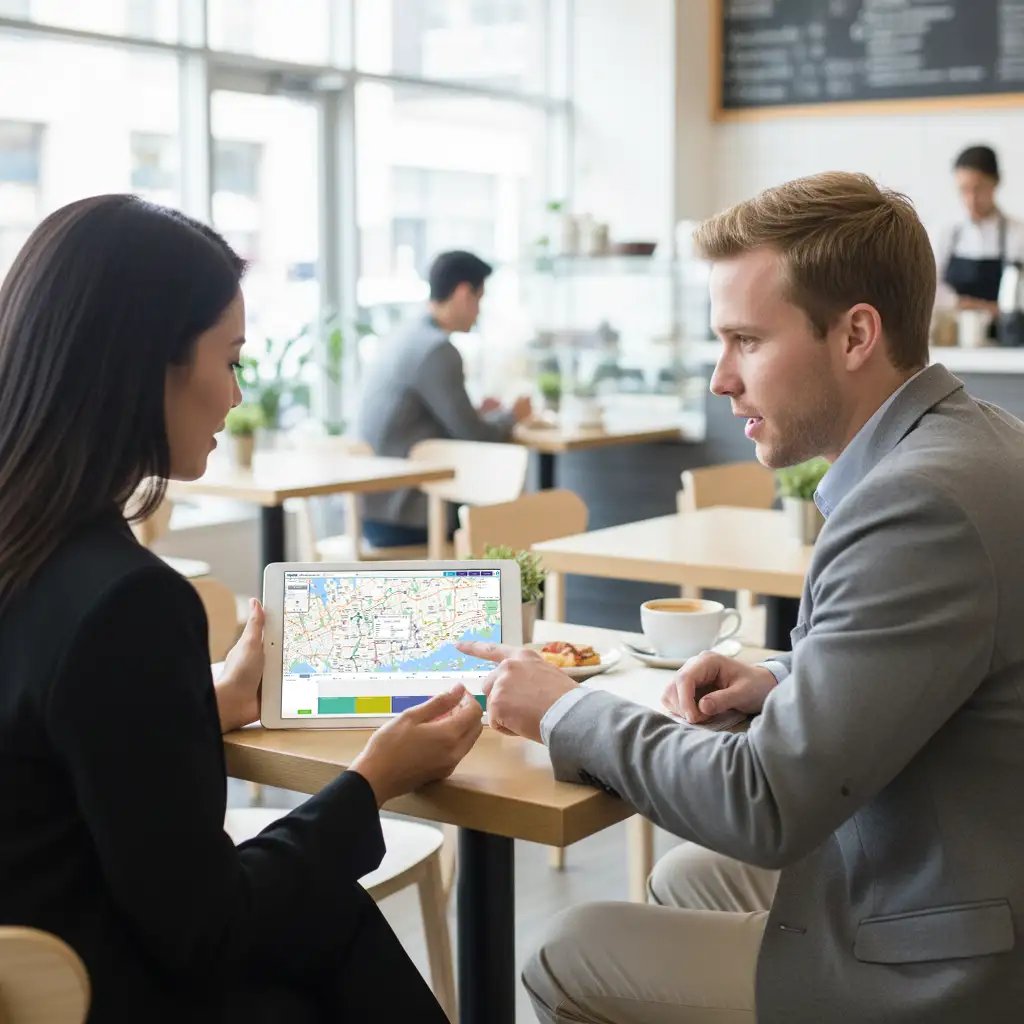 2 people reviewing route map on tablet in café