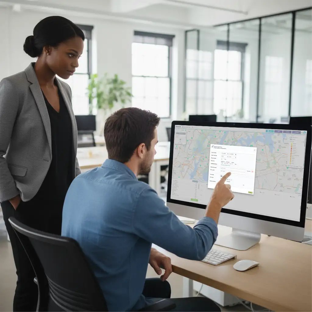 2 people reviewing route map settings on desktop computer