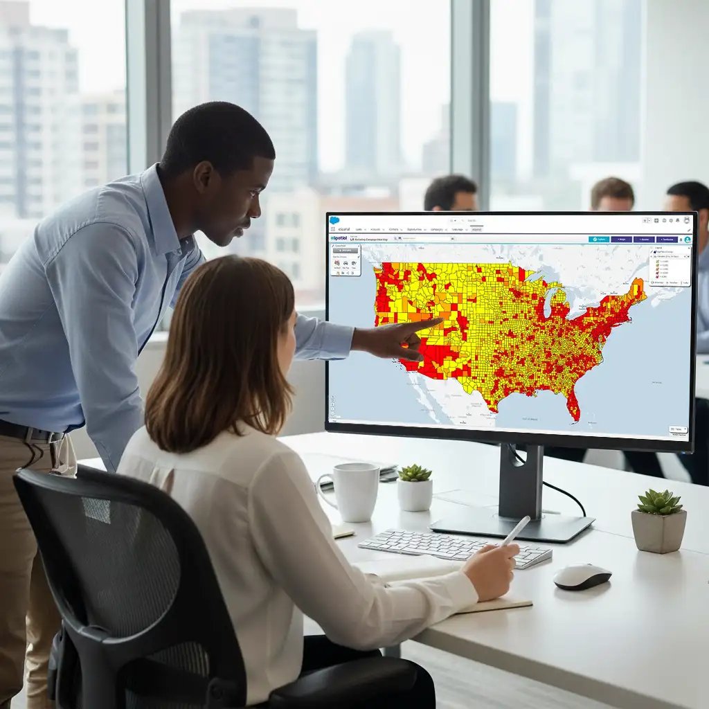 2 people reviewing a regional heatmap in eSpatial for Salesforce
