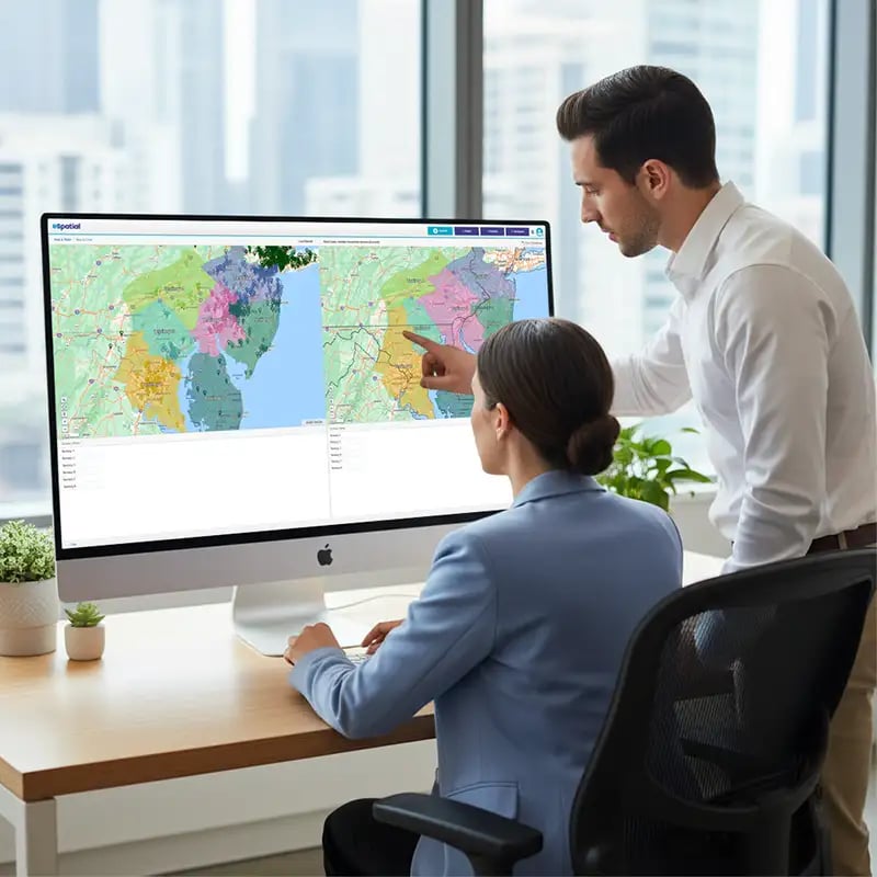 2 people reviewing a territory map comparison