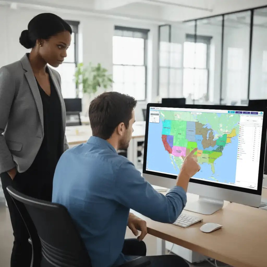 2 people reviewing territory map on desktop computer