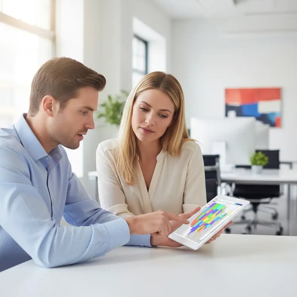 2 people looking at an eSpatial map on a tablet