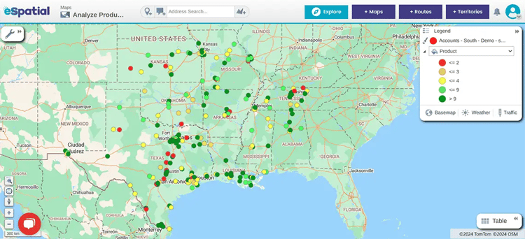 Analyze product sales trends on a pin map