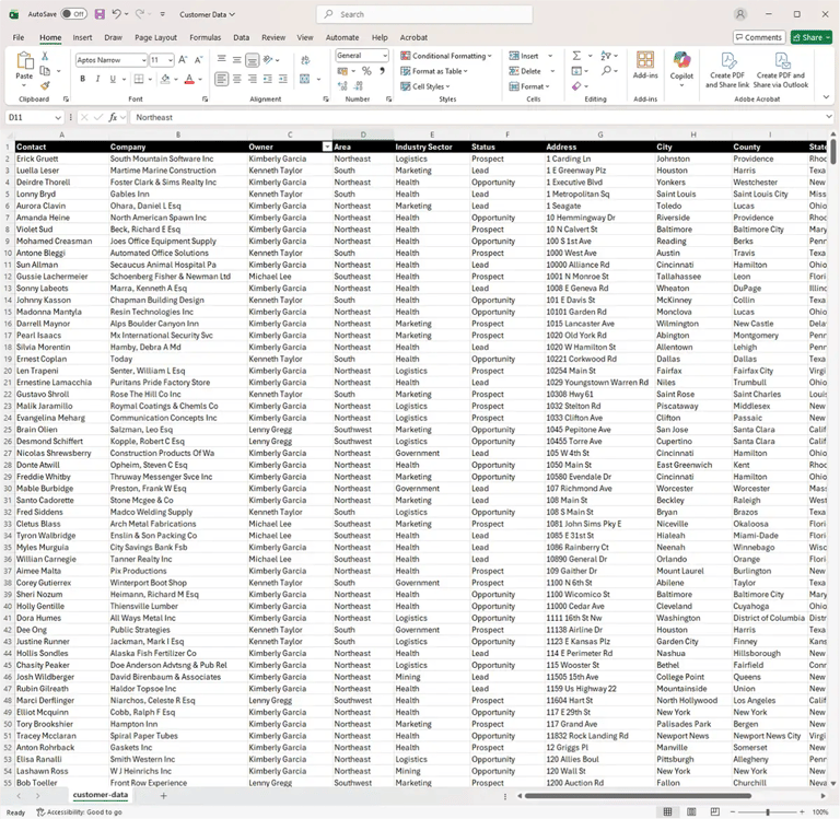 Customer list on a spreadsheet