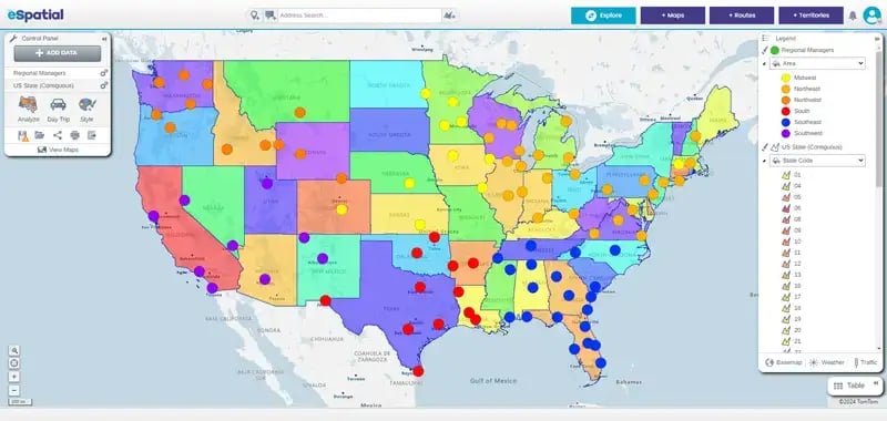 Customer addresses color coded by territory