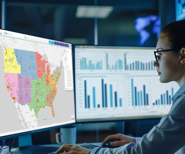 Data analyst reviewing territory map on desktop device with bar charts on their second screen
