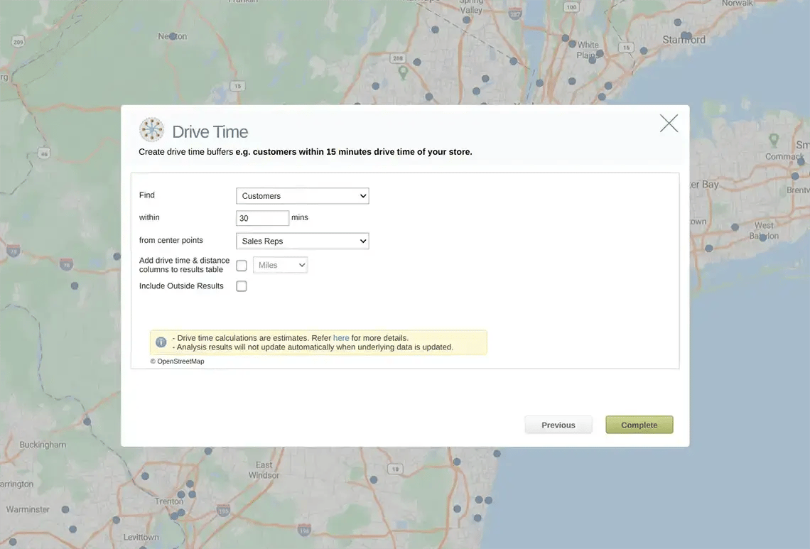 Drive time analysis map options