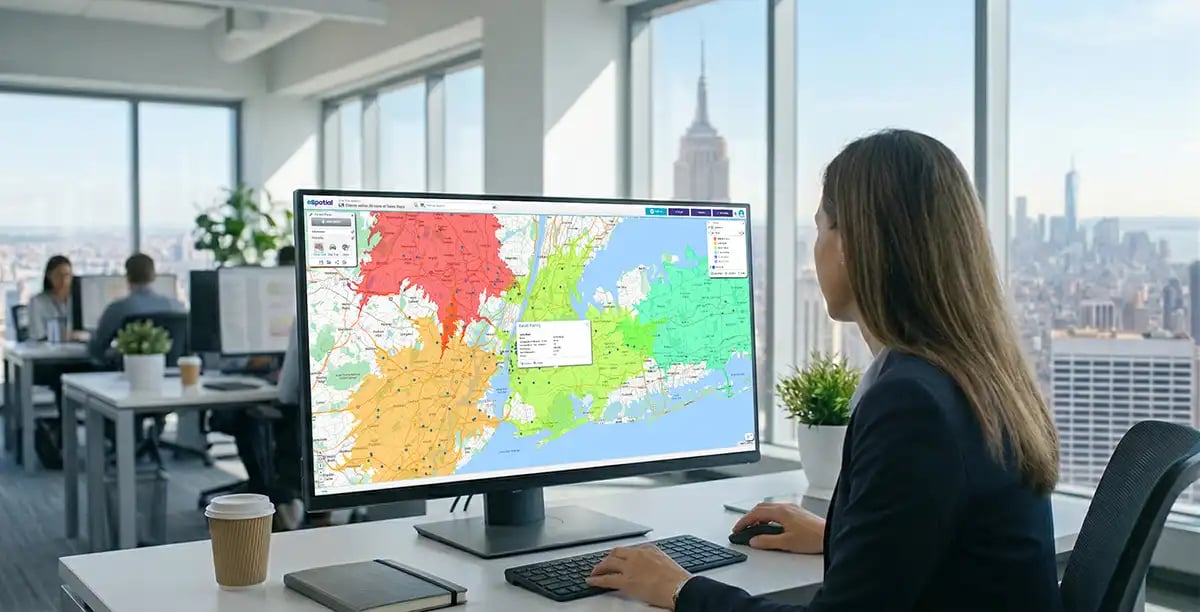 Woman reviewing drive time map on her computer