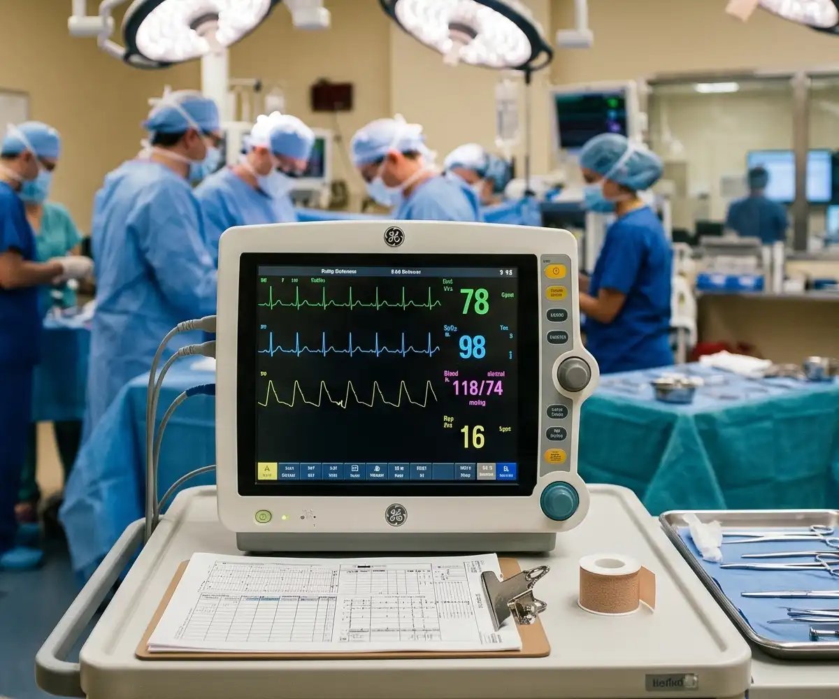 EKG machine with surgeons in the background