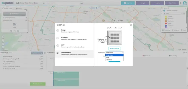 Route map being exported to Google Maps or Waze