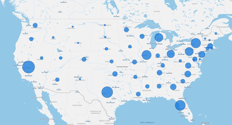 Bubble map, blue bubbles, USA