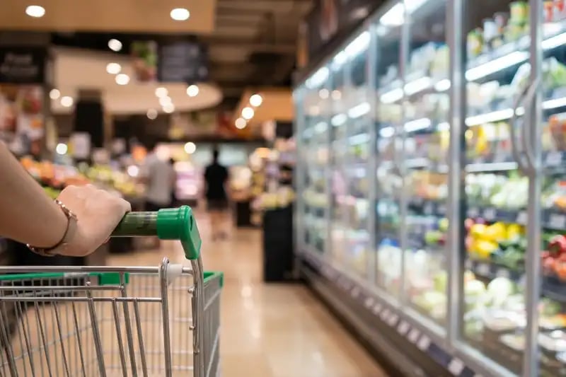 Person holding shopping trolley with food in fridge in the background