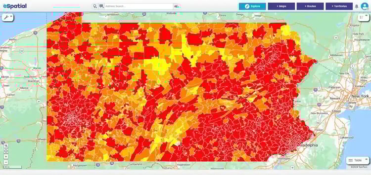 Heat map identifying customer concentrations