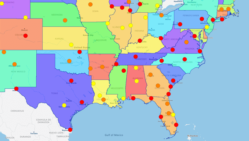 Geo map, pins over a regional heatmap