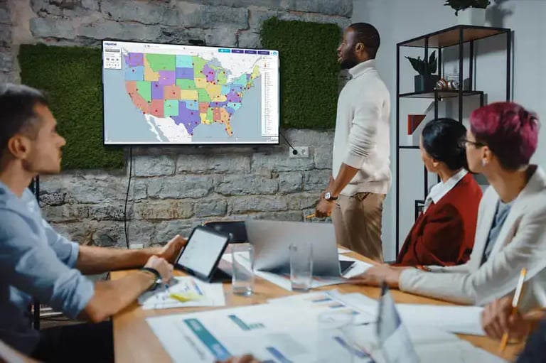Office meeting with people looking at map on wall screen
