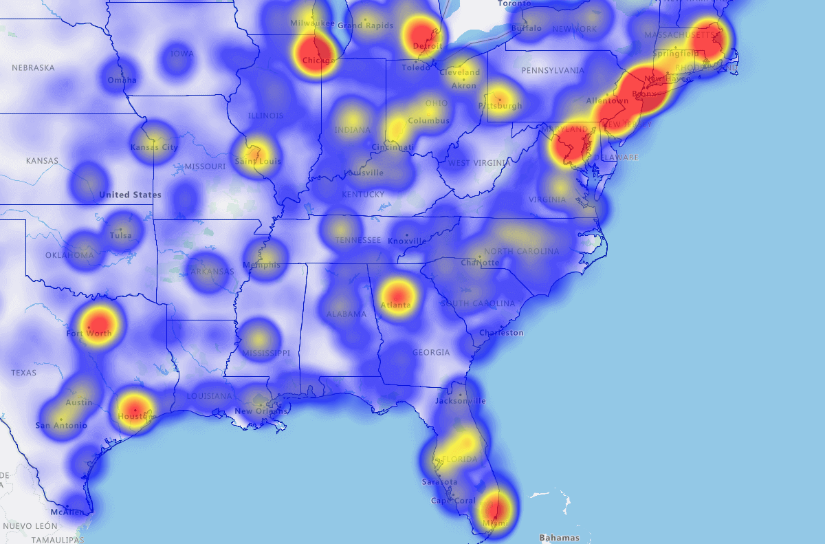 Hotspot heat map of the US east coast