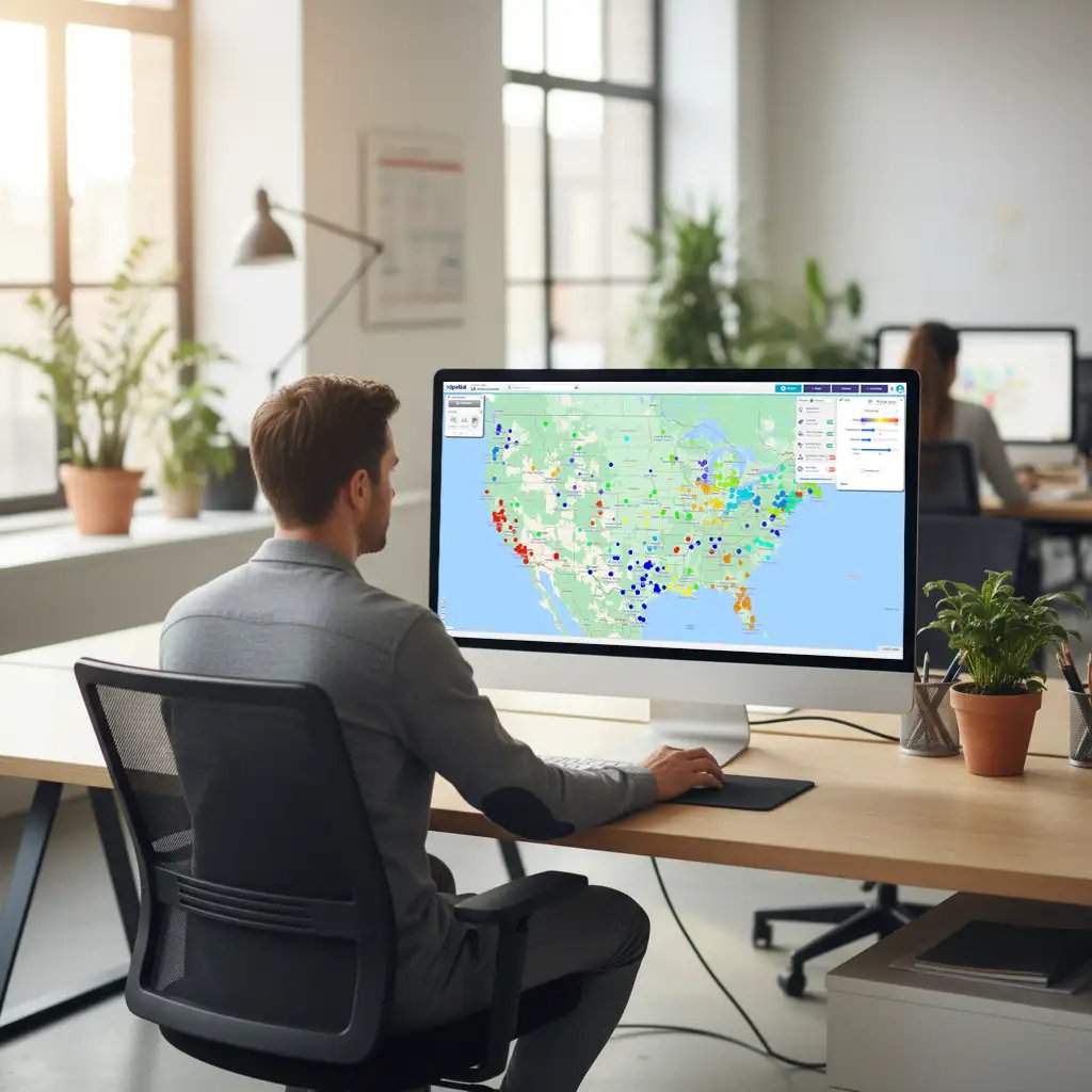 Person styling pin map on desktop device