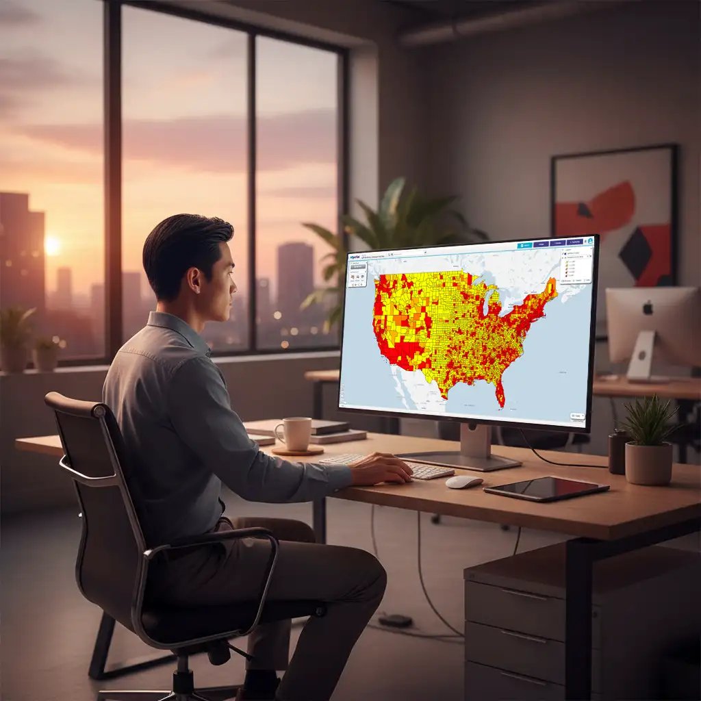 Man reviewing regional heatmap on desktop device
