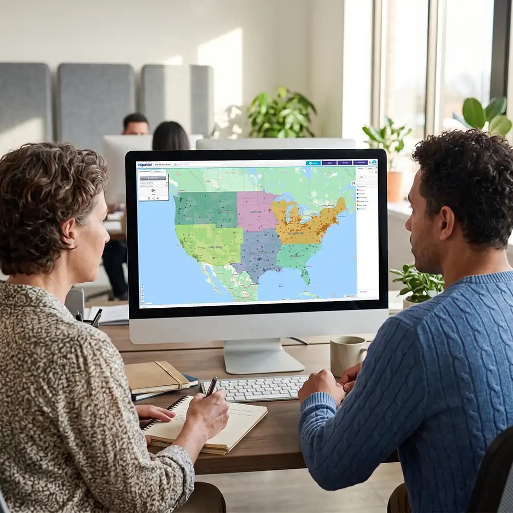 People reviewing territory map on a desktop screen