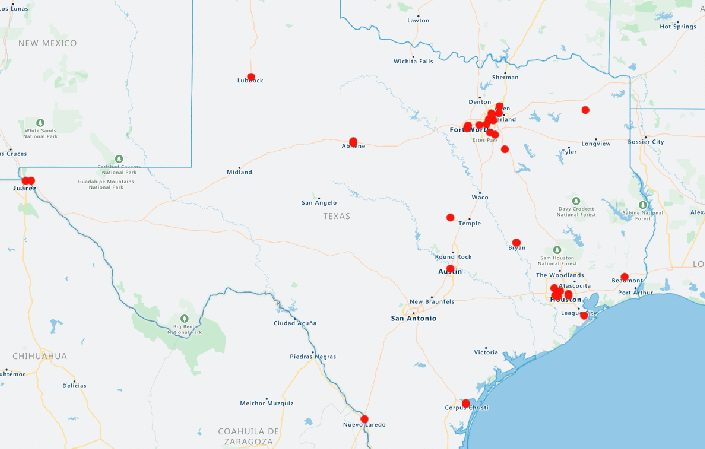 Map of locations Texas