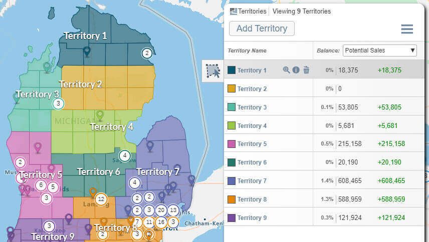 Territory management map for Michigan