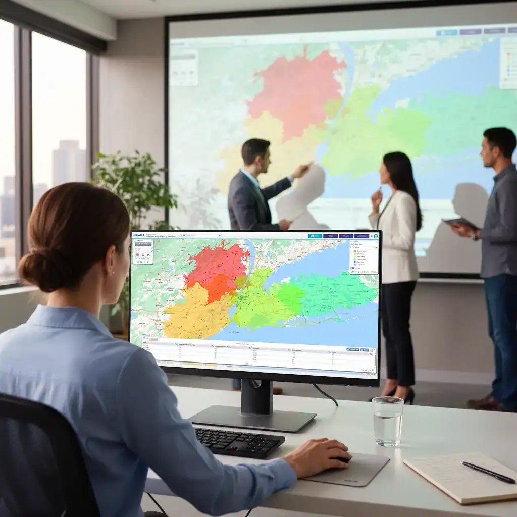 People reviewing drivetime map on a projector screen