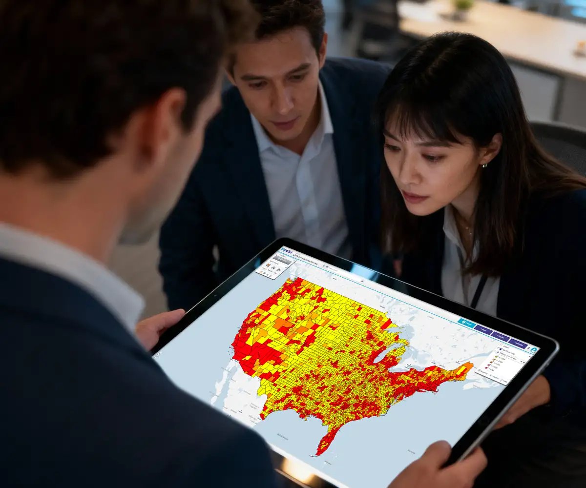 People reviewing regional heat map on a tablet