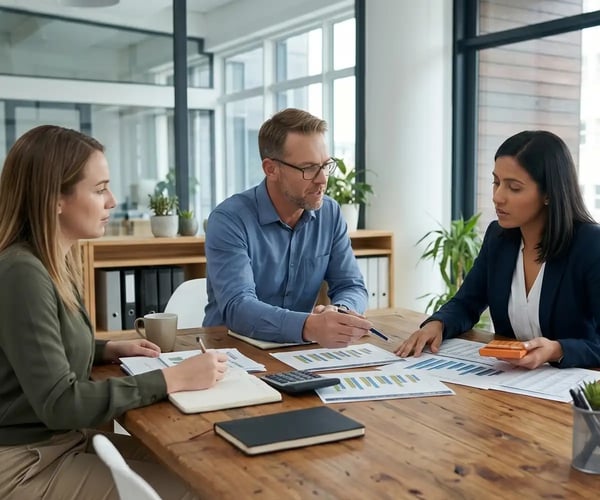 People reviewing printed out charts in a meeting room