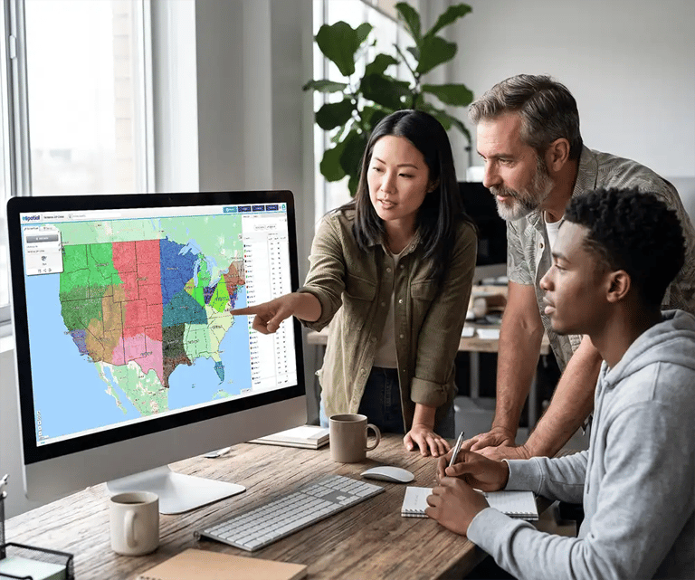 People reviewing territory map in a hybrid office