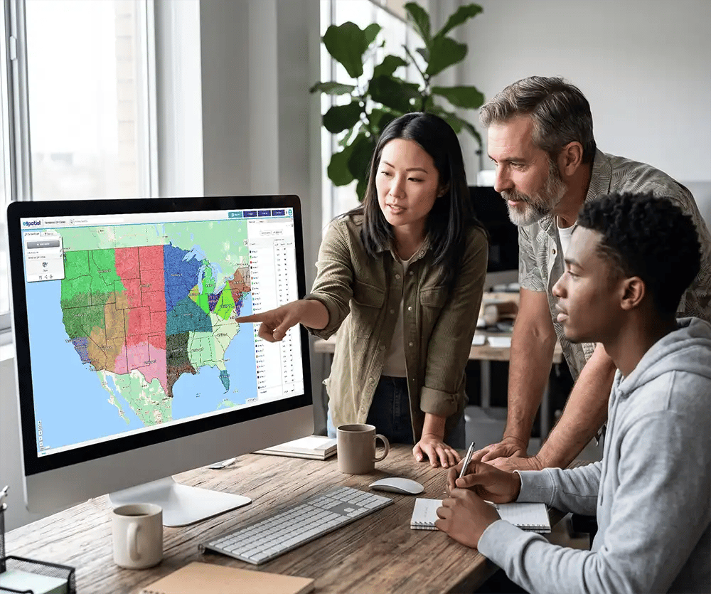 People reviewing territory map in a hybrid office