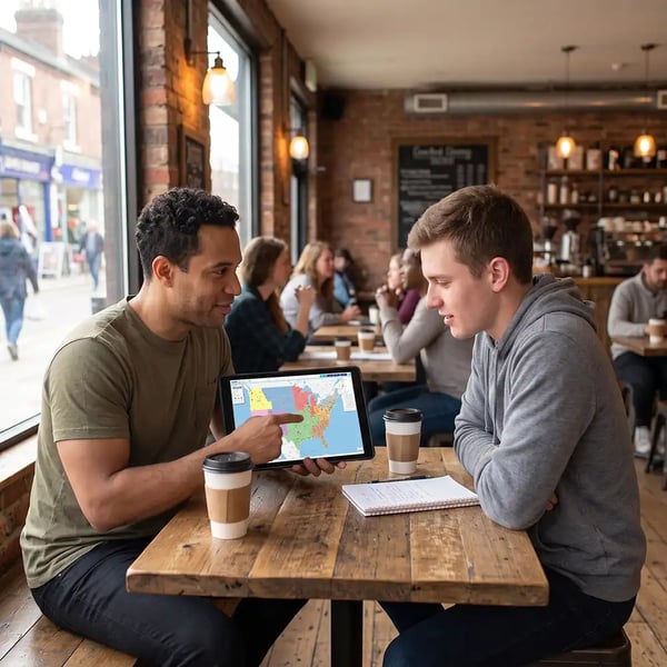 People reviewing territory map in a coffee shop