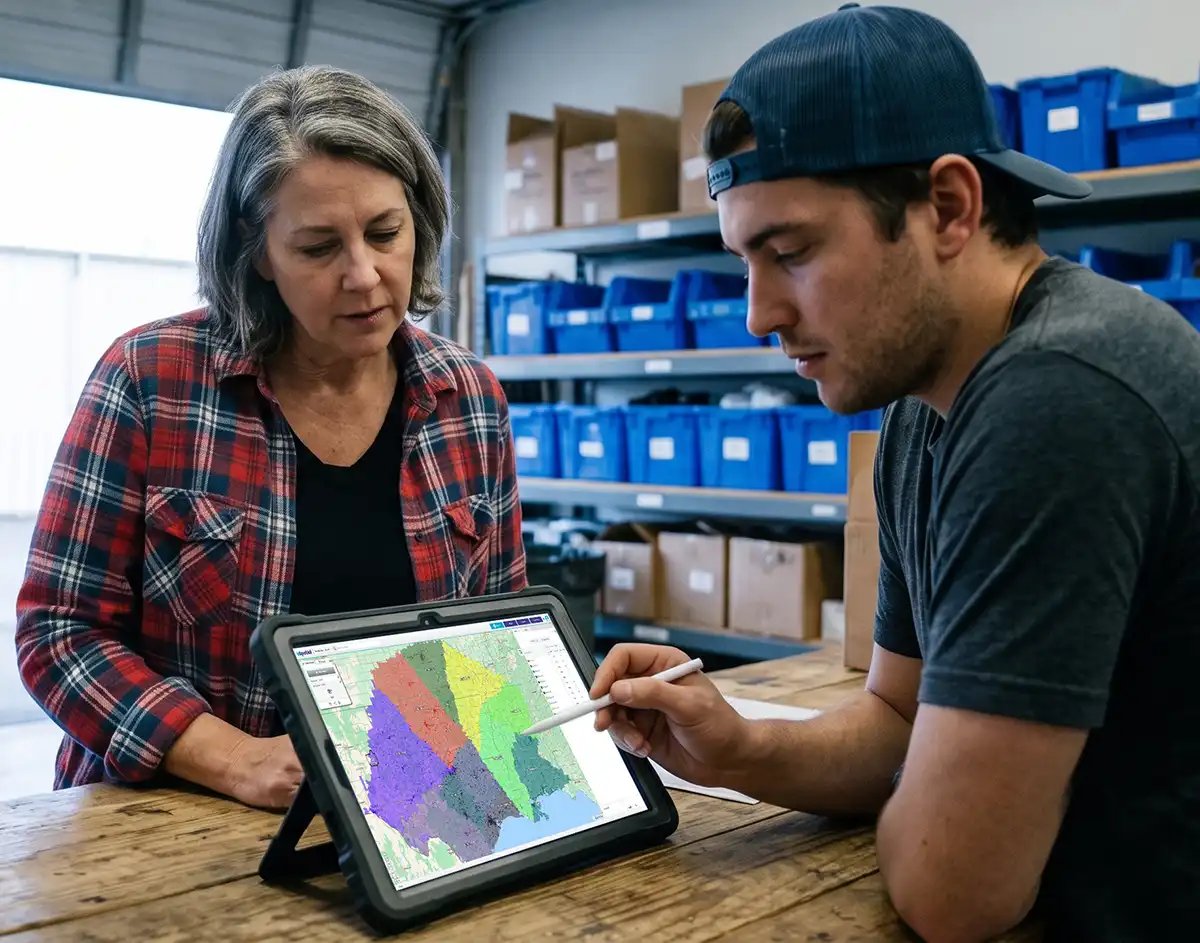 People reviewing territory map on tablet