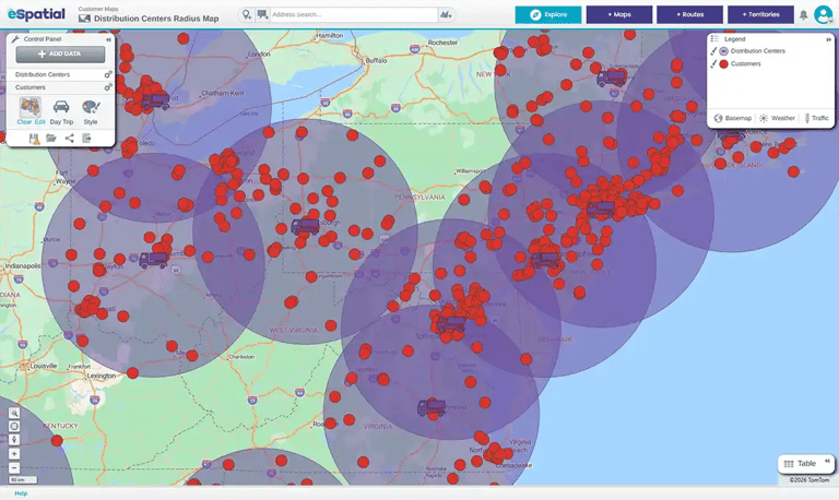 Radius map with pins overlaid on a map