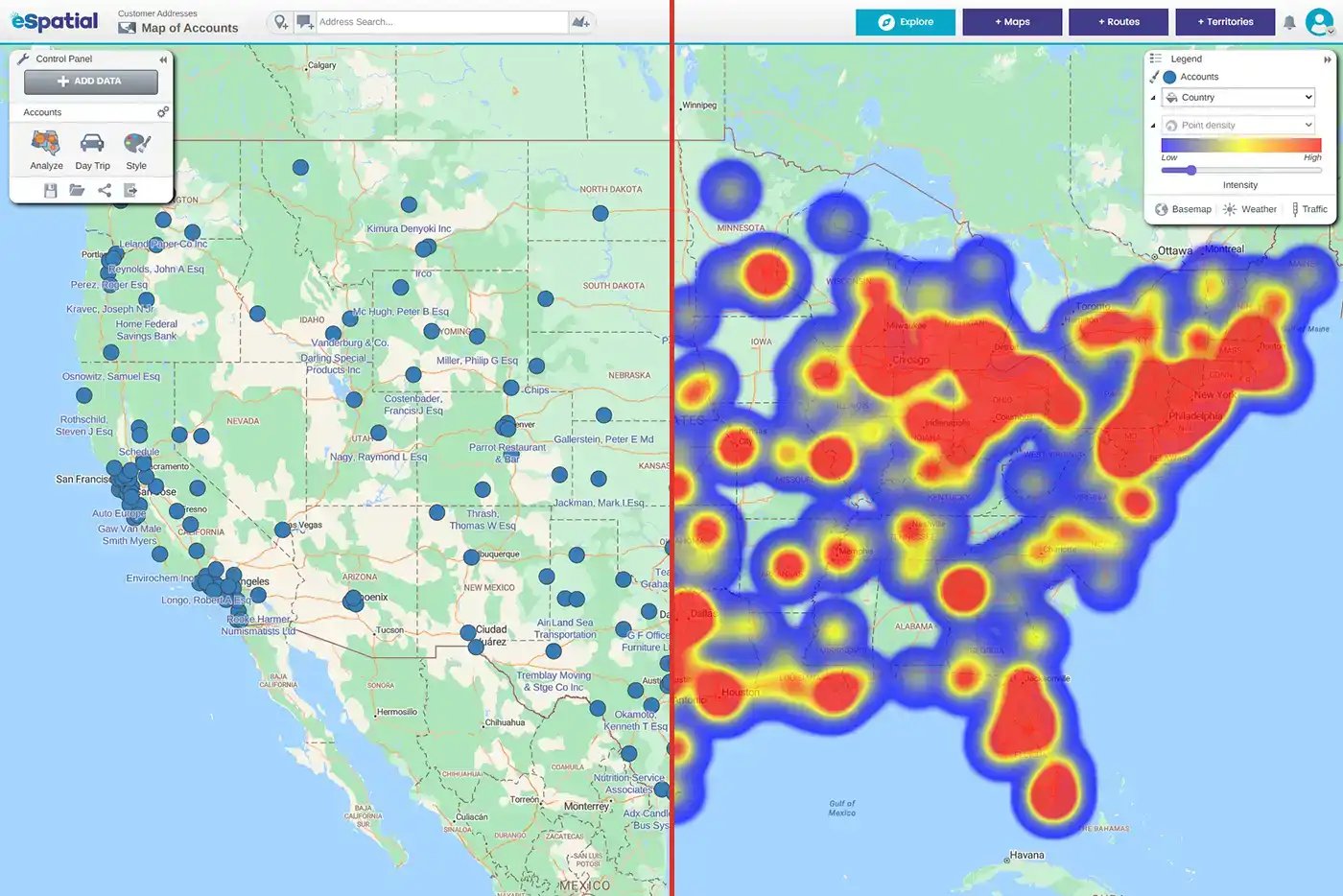 Pin map / hotspot heat map