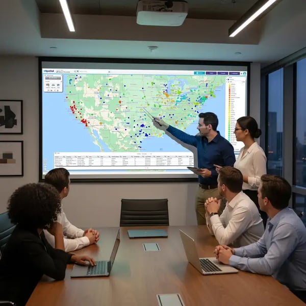 Pin map being reviewed on a projector screen