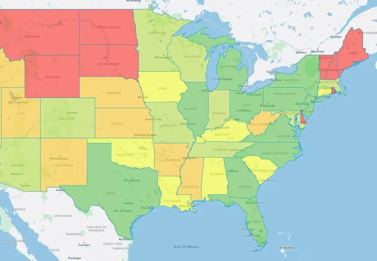 Regional heat map, US east coast