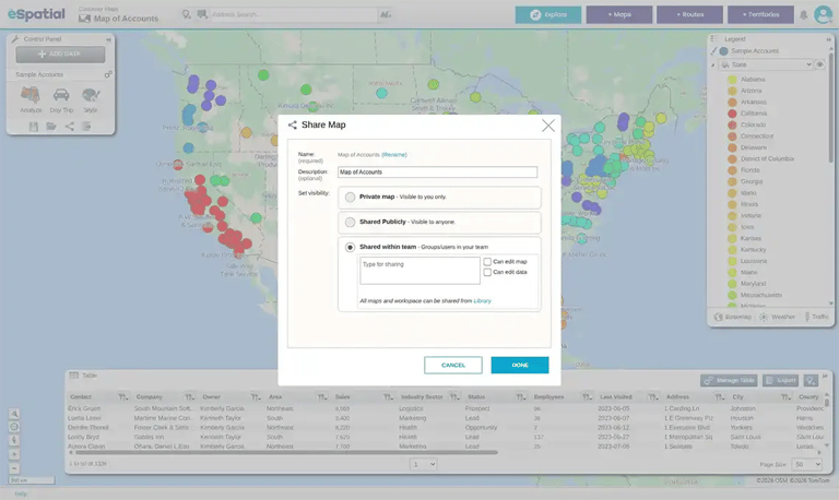 Pin map with share window open