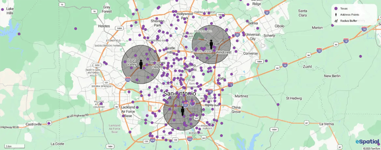 Pin map, with radius overlay