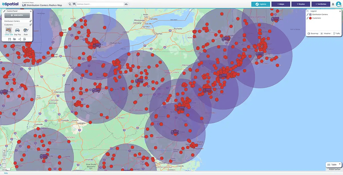 Pins on a map with radius nodes