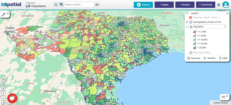 Population distribution by ZIP code in Texas