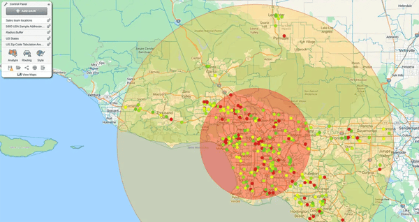 Proximity map, 25 mile and 50 mile radii