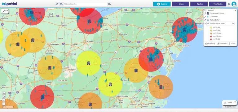 Radius map of customer to office locations