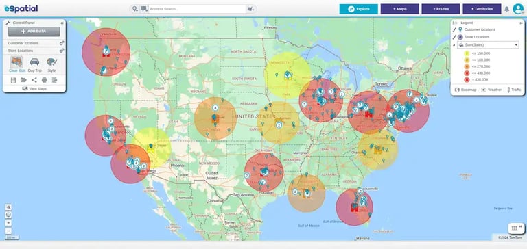 Radius map, USA