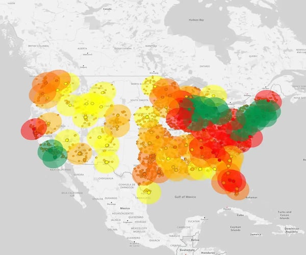 Radius analysis tool showing customer locations