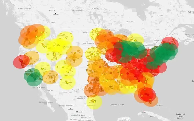 Radius map, USA